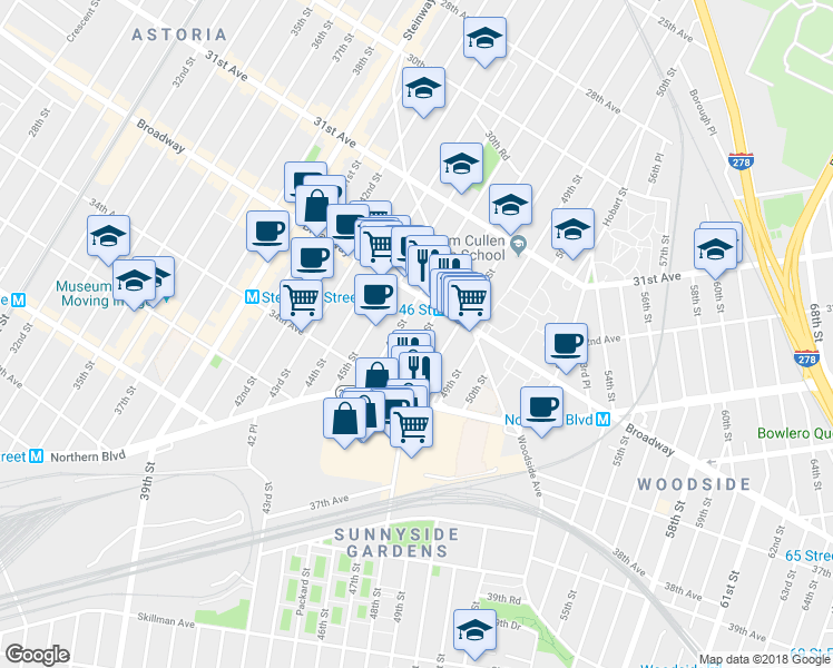 map of restaurants, bars, coffee shops, grocery stores, and more near 32-45 47th Street in Queens
