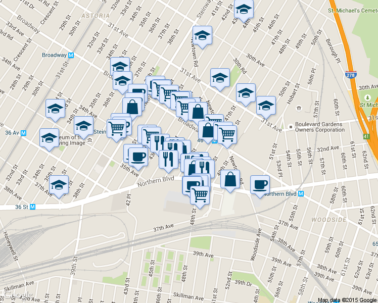 map of restaurants, bars, coffee shops, grocery stores, and more near 32-69 46th Street in Queens