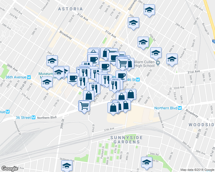 map of restaurants, bars, coffee shops, grocery stores, and more near in Queens