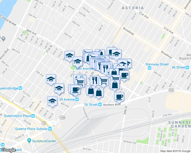 map of restaurants, bars, coffee shops, grocery stores, and more near 36 33rd Street in Queens