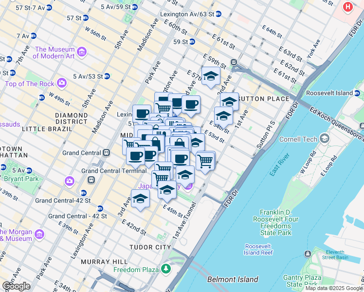 map of restaurants, bars, coffee shops, grocery stores, and more near 234 East 50th Street in New York