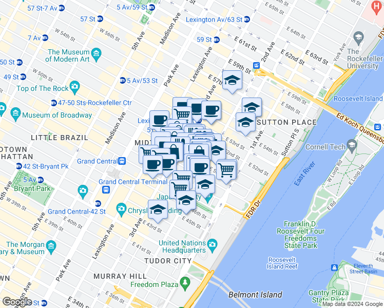 map of restaurants, bars, coffee shops, grocery stores, and more near 234 East 50th Street in New York