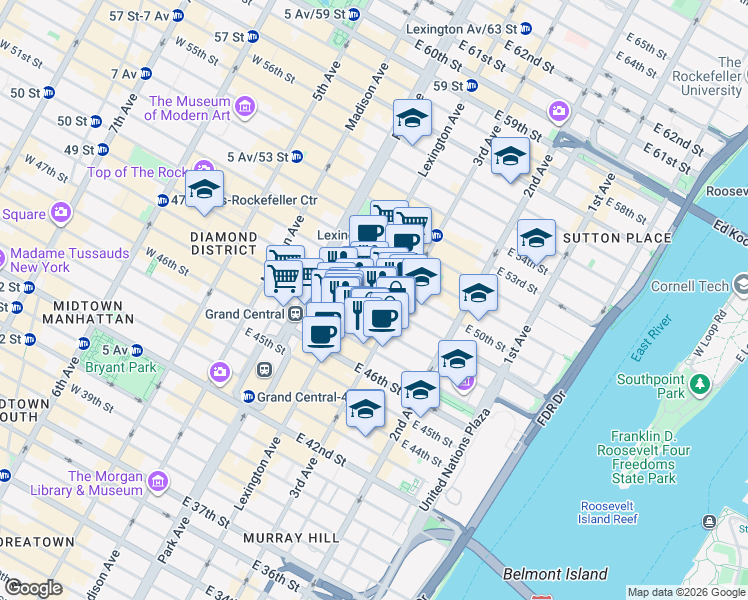 map of restaurants, bars, coffee shops, grocery stores, and more near 14151 East 48th Street in New York