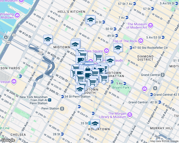 map of restaurants, bars, coffee shops, grocery stores, and more near 214 West 39th Street in New York