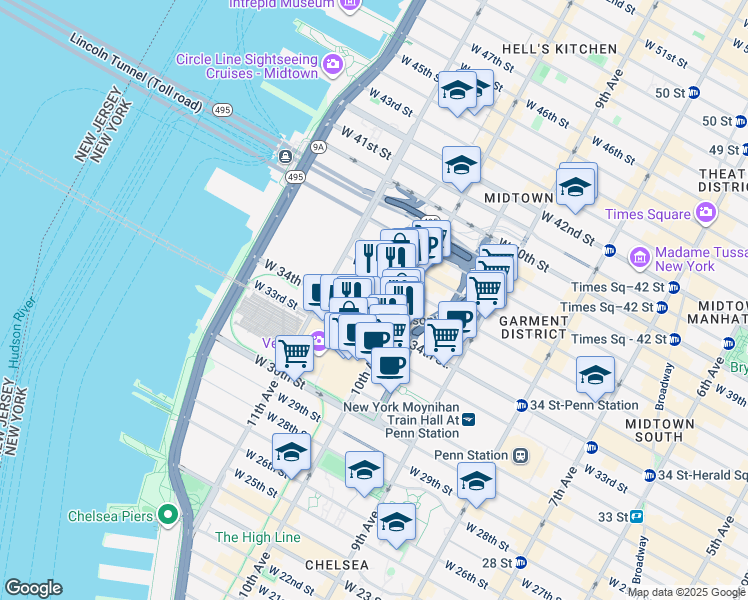 map of restaurants, bars, coffee shops, grocery stores, and more near 535 West 34th Street in New York