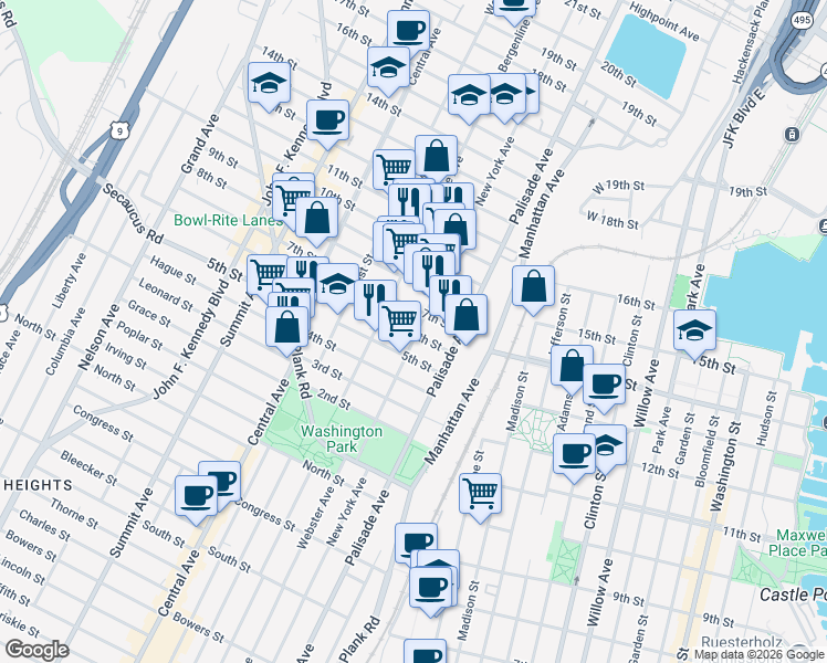 map of restaurants, bars, coffee shops, grocery stores, and more near 322 5th Street in Union City