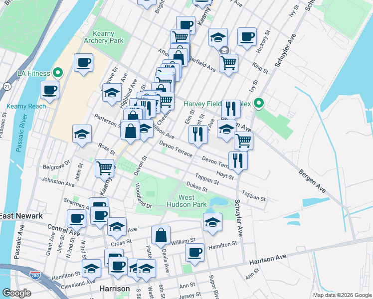 map of restaurants, bars, coffee shops, grocery stores, and more near 47 Davis Avenue in Kearny