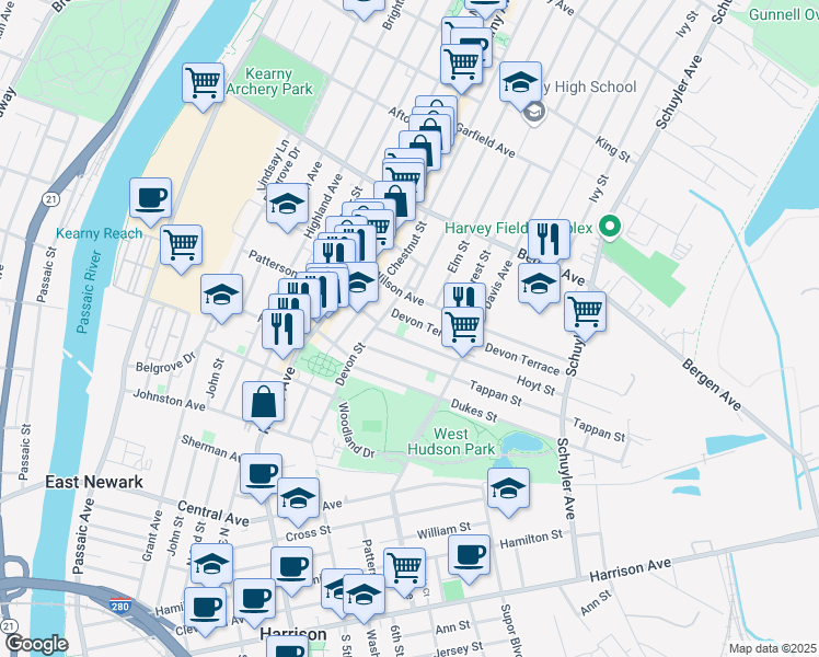 map of restaurants, bars, coffee shops, grocery stores, and more near 94 Hoyt Street in Kearny