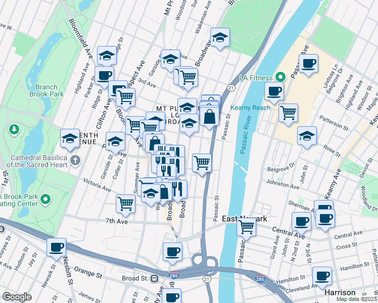 map of restaurants, bars, coffee shops, grocery stores, and more near 200-218 Broad Street in Newark