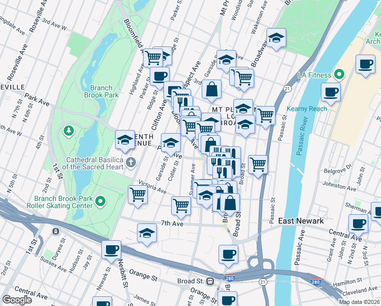 map of restaurants, bars, coffee shops, grocery stores, and more near 118 Summer Avenue in Newark