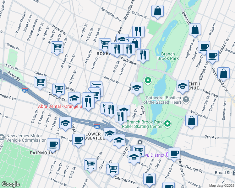 map of restaurants, bars, coffee shops, grocery stores, and more near 191 North 6th Street in Newark