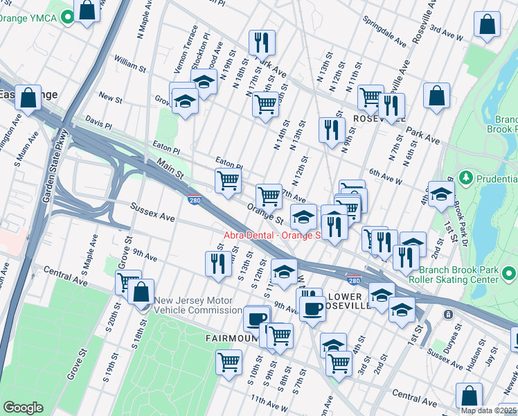 map of restaurants, bars, coffee shops, grocery stores, and more near 594 Orange Street in Newark