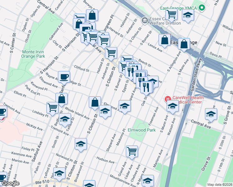 map of restaurants, bars, coffee shops, grocery stores, and more near 71 Eppirt Street in East Orange
