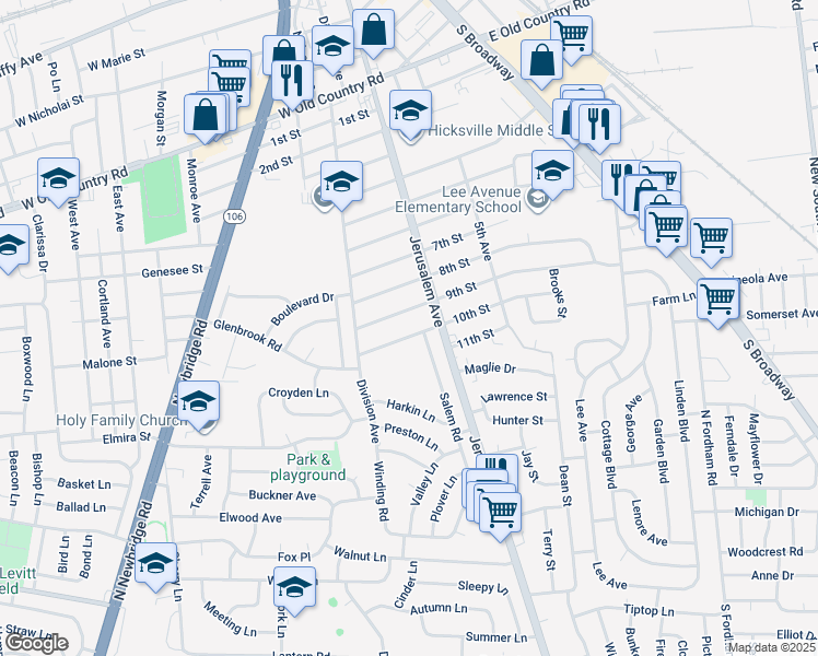 map of restaurants, bars, coffee shops, grocery stores, and more near 204 10th Street in Hicksville