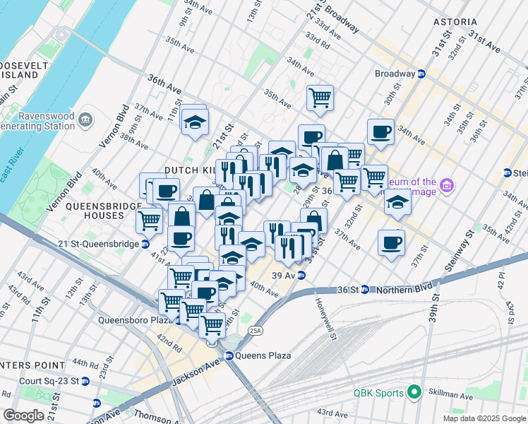 map of restaurants, bars, coffee shops, grocery stores, and more near 38-07 27th Street in Queens