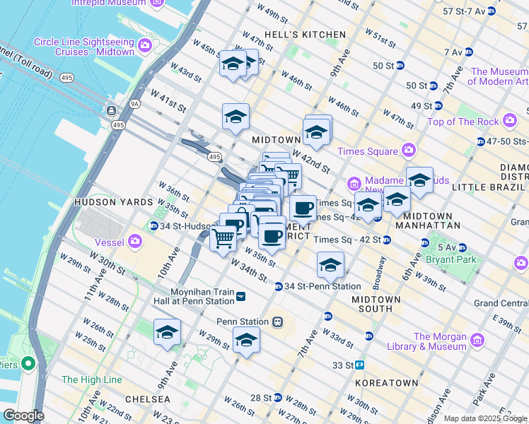 map of restaurants, bars, coffee shops, grocery stores, and more near 498 9th Avenue in New York