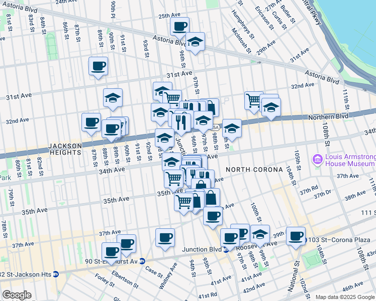 map of restaurants, bars, coffee shops, grocery stores, and more near 33-43 Junction Boulevard in Queens