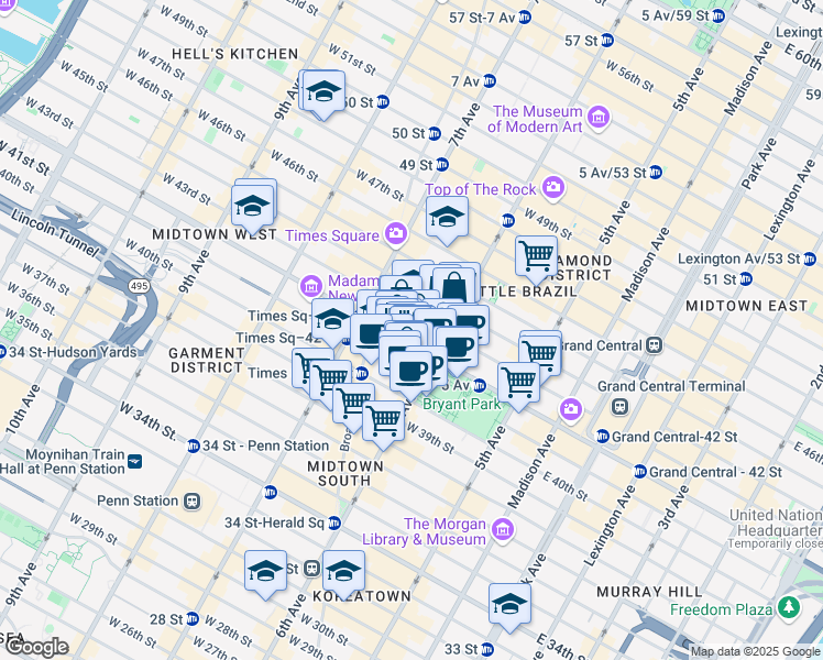 map of restaurants, bars, coffee shops, grocery stores, and more near 8 West 42nd Street in New York