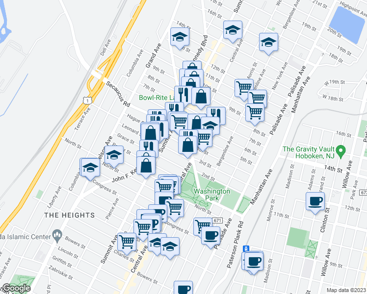 map of restaurants, bars, coffee shops, grocery stores, and more near 11 Hague Street in Jersey City