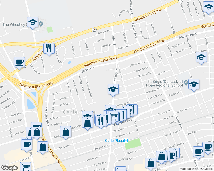 map of restaurants, bars, coffee shops, grocery stores, and more near 168 Cherry Lane in Carle Place