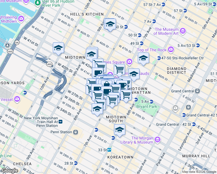 map of restaurants, bars, coffee shops, grocery stores, and more near 220 West 41st Street in New York