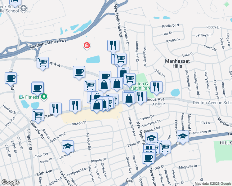 map of restaurants, bars, coffee shops, grocery stores, and more near 2001 Marcus Avenue in North New Hyde Park