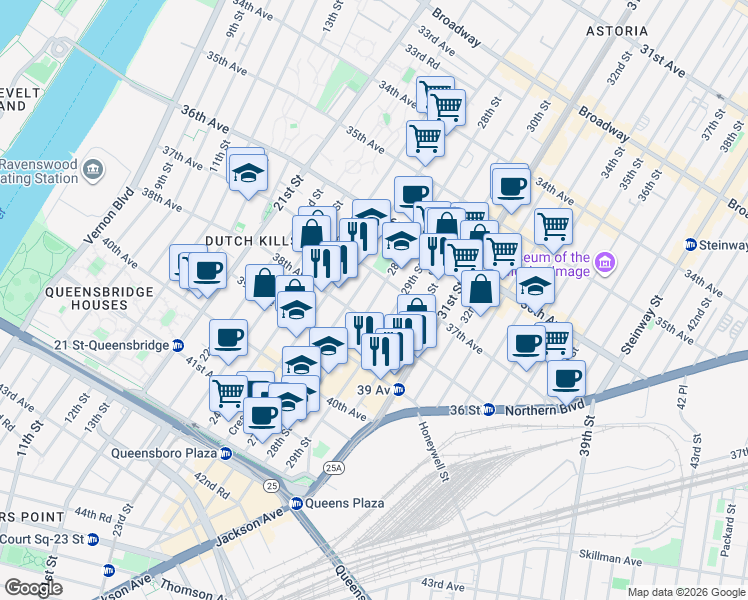 map of restaurants, bars, coffee shops, grocery stores, and more near 28th Street in Queens