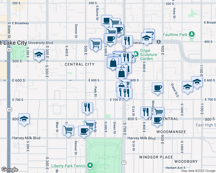 map of restaurants, bars, coffee shops, grocery stores, and more near 644 East 600 South in Salt Lake City