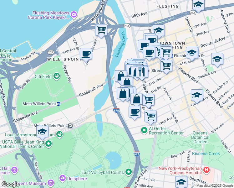 map of restaurants, bars, coffee shops, grocery stores, and more near 131-02 40th Road in Queens