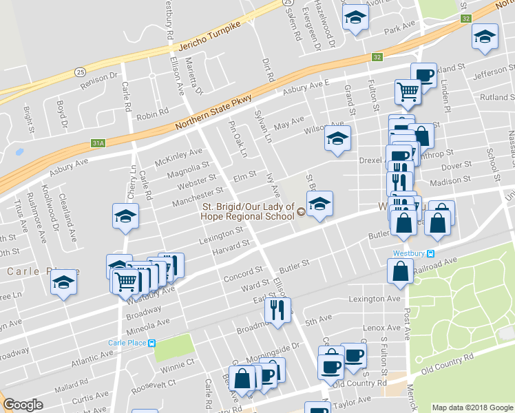 map of restaurants, bars, coffee shops, grocery stores, and more near 236 Ellison Avenue in Westbury