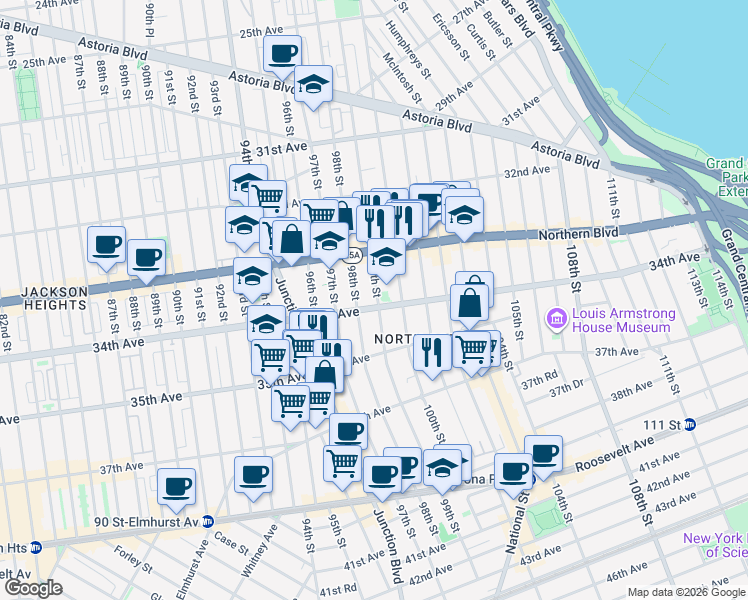 map of restaurants, bars, coffee shops, grocery stores, and more near 34-11 99th Street in Queens