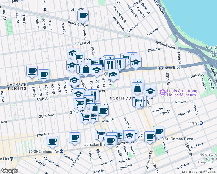 map of restaurants, bars, coffee shops, grocery stores, and more near in Queens