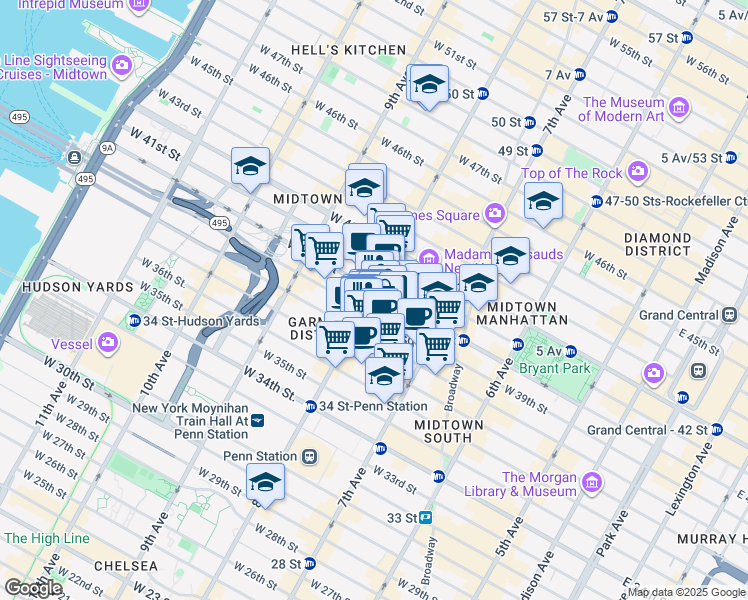 map of restaurants, bars, coffee shops, grocery stores, and more near 250 West 39th Street in New York