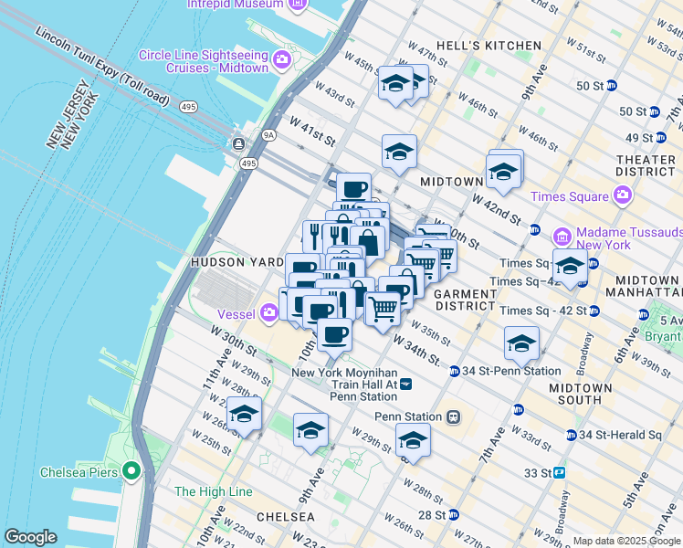 map of restaurants, bars, coffee shops, grocery stores, and more near 455 West 35th Street in New York