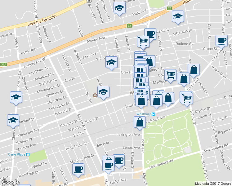 map of restaurants, bars, coffee shops, grocery stores, and more near 170 Maple Avenue in Westbury