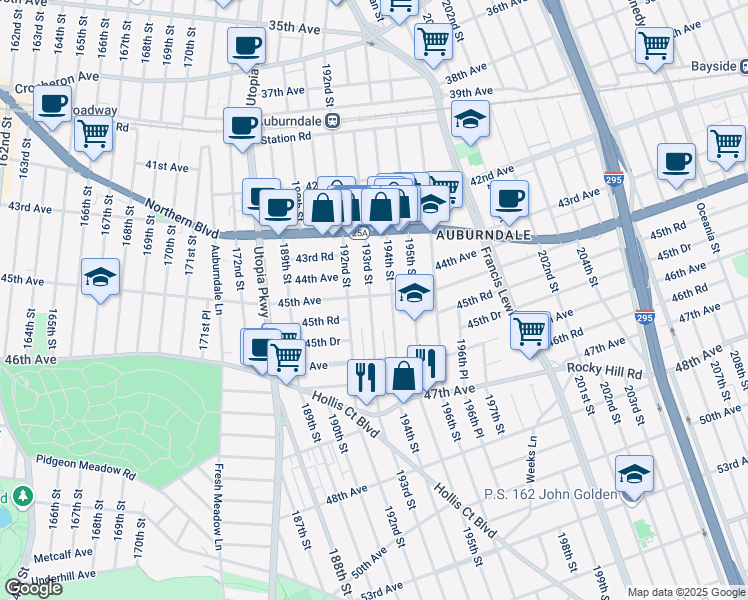 map of restaurants, bars, coffee shops, grocery stores, and more near 45-27 193rd Street in Queens