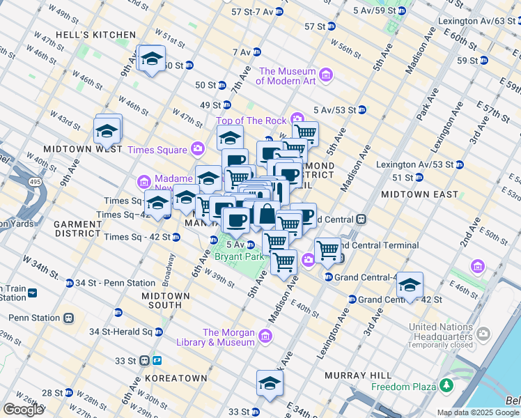 map of restaurants, bars, coffee shops, grocery stores, and more near 37 West 44th Street in New York