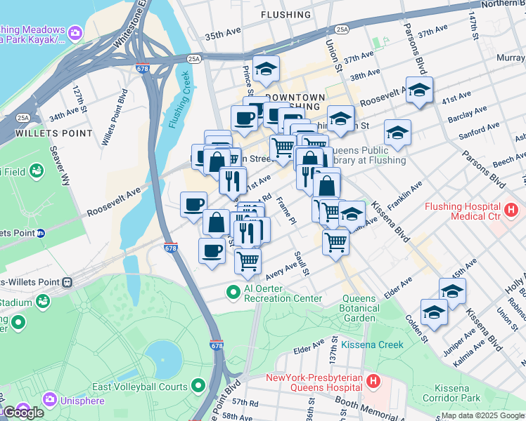 map of restaurants, bars, coffee shops, grocery stores, and more near 132-40 Sanford Avenue in Queens
