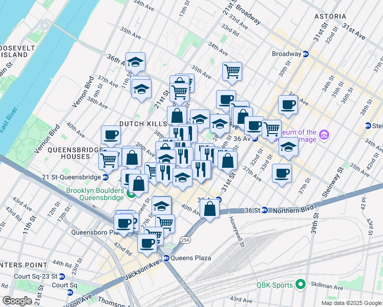 map of restaurants, bars, coffee shops, grocery stores, and more near 38-07 27th Street in Queens