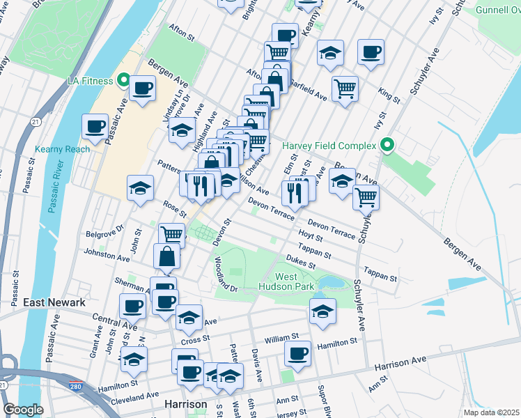 map of restaurants, bars, coffee shops, grocery stores, and more near 94 Hoyt Street in Kearny