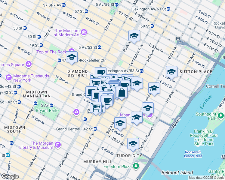 map of restaurants, bars, coffee shops, grocery stores, and more near 111 East 48th Street in New York