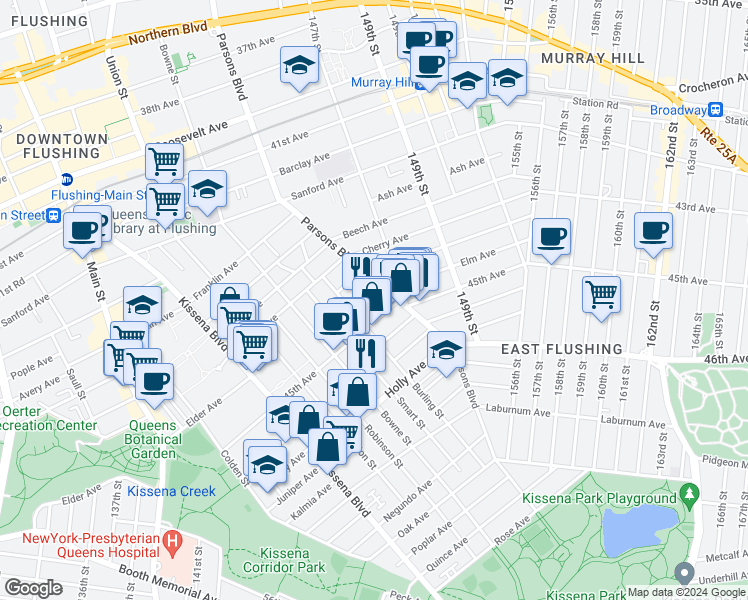 map of restaurants, bars, coffee shops, grocery stores, and more near 4500 Parsons Boulevard in Queens