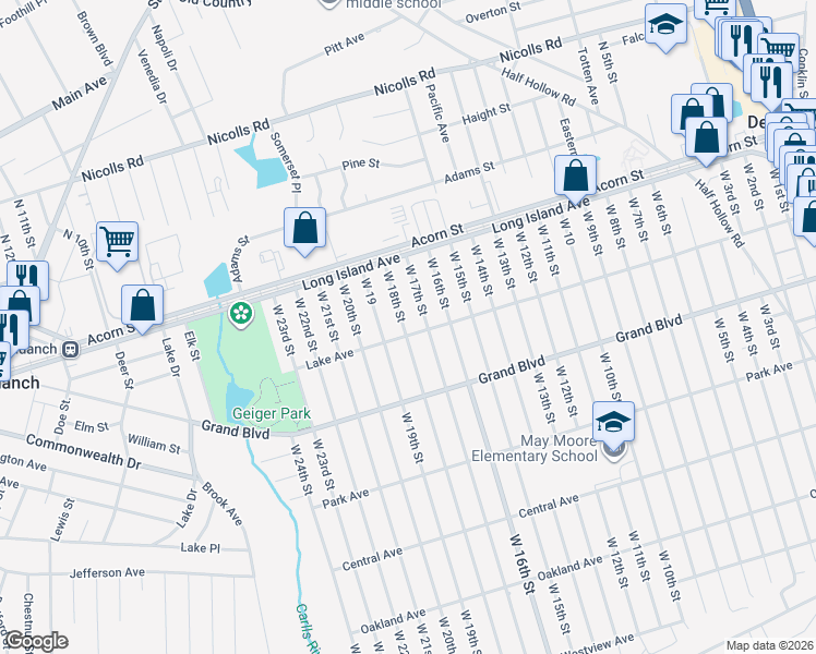 map of restaurants, bars, coffee shops, grocery stores, and more near 65 West 18th Street in Deer Park