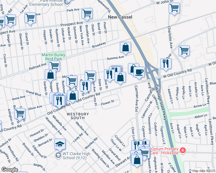 map of restaurants, bars, coffee shops, grocery stores, and more near 2520 Hyacinth Court in Westbury