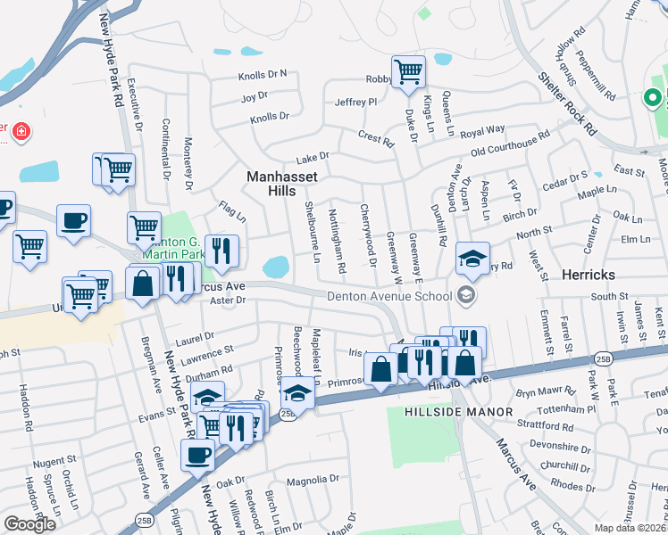 map of restaurants, bars, coffee shops, grocery stores, and more near 139 South Drive in New Hyde Park