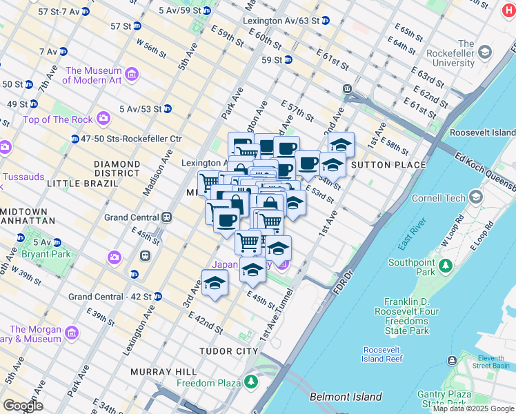 map of restaurants, bars, coffee shops, grocery stores, and more near 234 East 50th Street in New York