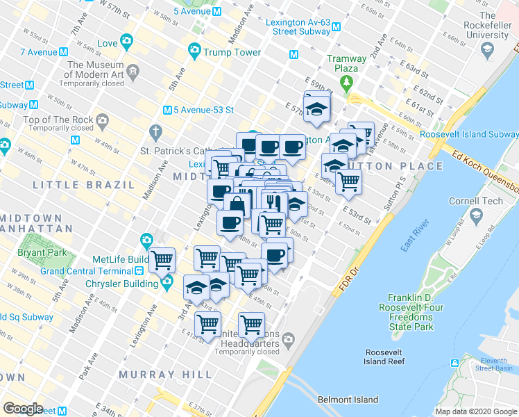 map of restaurants, bars, coffee shops, grocery stores, and more near 221 East 50th Street in New York