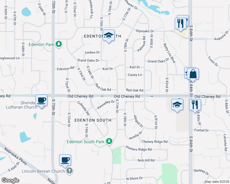 map of restaurants, bars, coffee shops, grocery stores, and more near 7656 Kennelley Drive in Lincoln