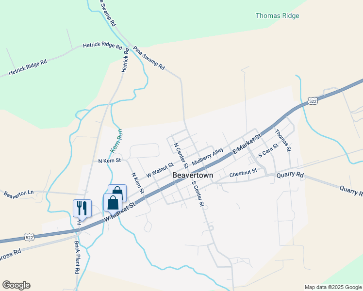 map of restaurants, bars, coffee shops, grocery stores, and more near Center St in Beavertown