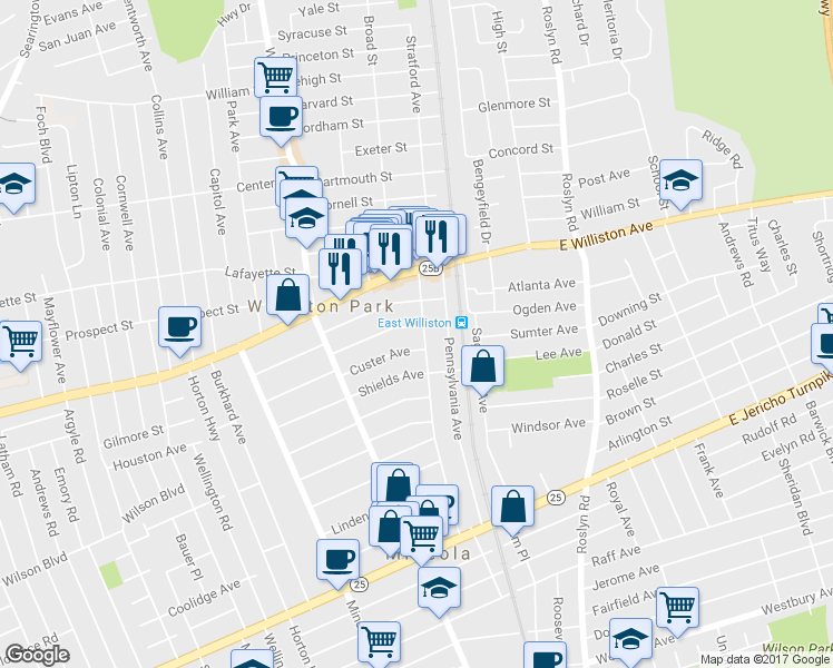 map of restaurants, bars, coffee shops, grocery stores, and more near 451 Nassau Boulevard in Williston Park